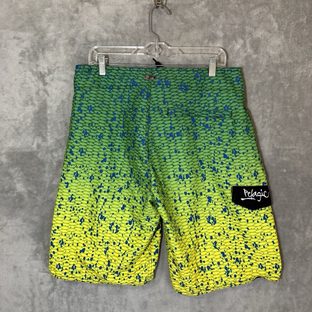 Pelagic Board Shorts Mens 34 Dorado Green Yellow Blue Mahi Print Fishing Trunks - Picture 2 of 6